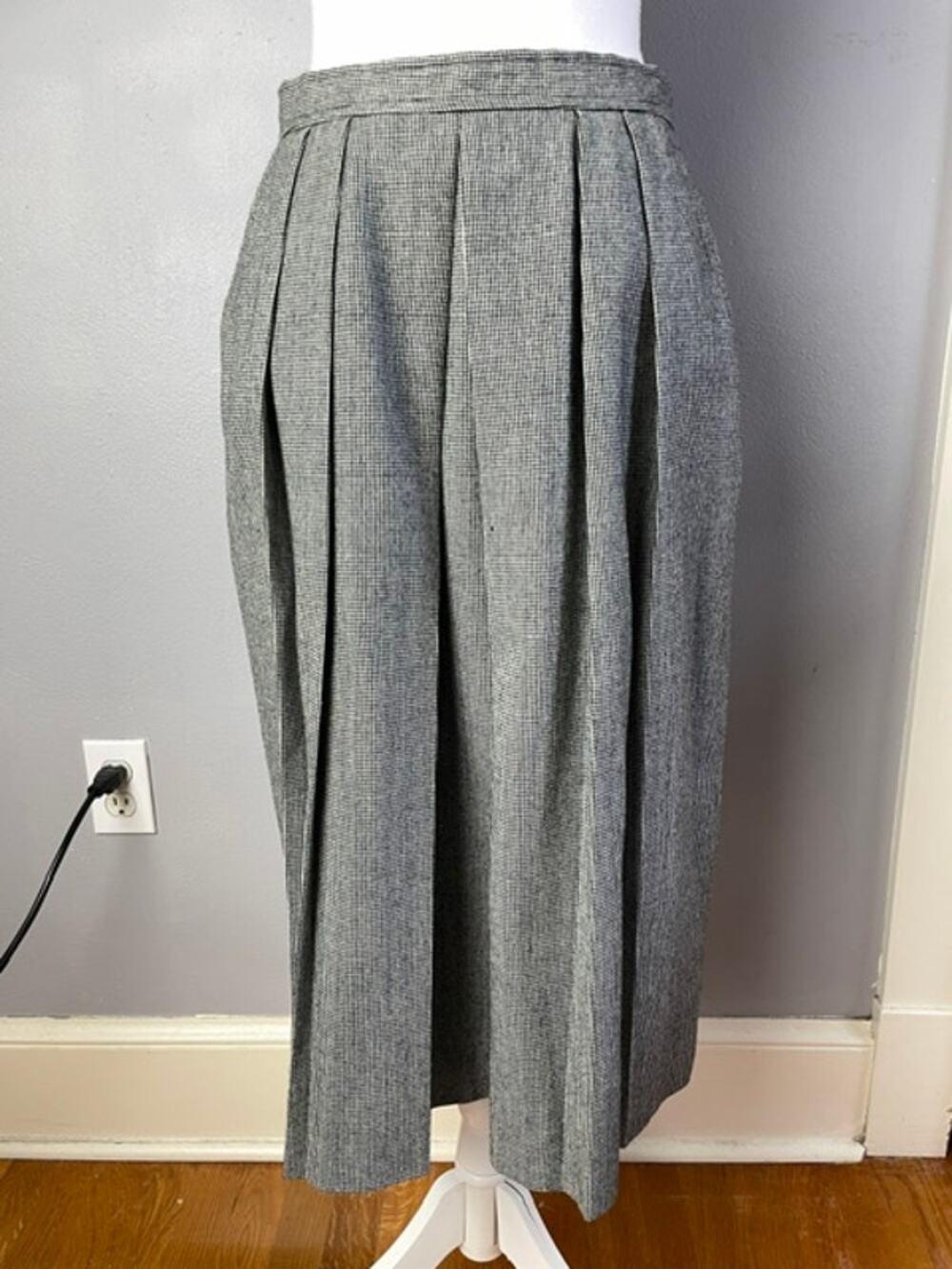 Vintage Evan-Picone Pleated Midi Skirt Women 16 Gray Micro Check Union Made USA